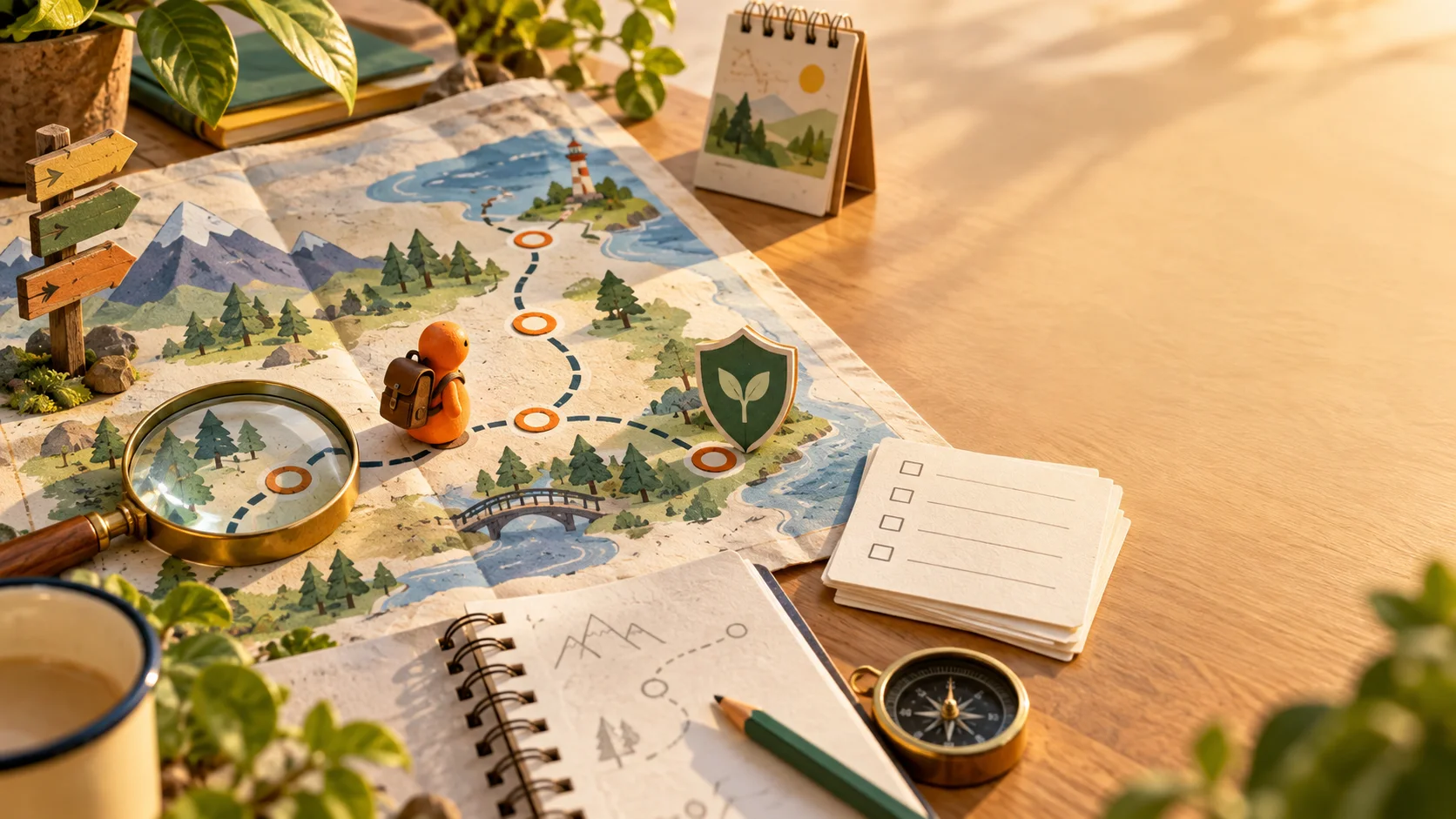 A warm desk with an illustrated route map, checkpoints and research tools